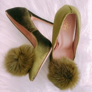 New! Velvet Green Pompom 5" Stilettos, Heels, 6.5!